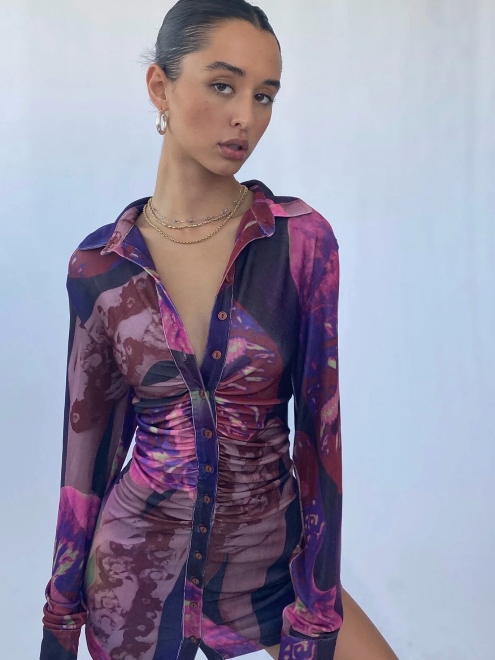 With Jean Purple & Pink Ruched Button-Down Dress